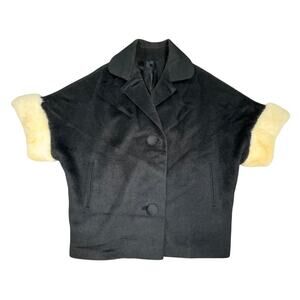 Vintage 50's Black Wool Short Car Coat Fur Short Sleeves L/XL